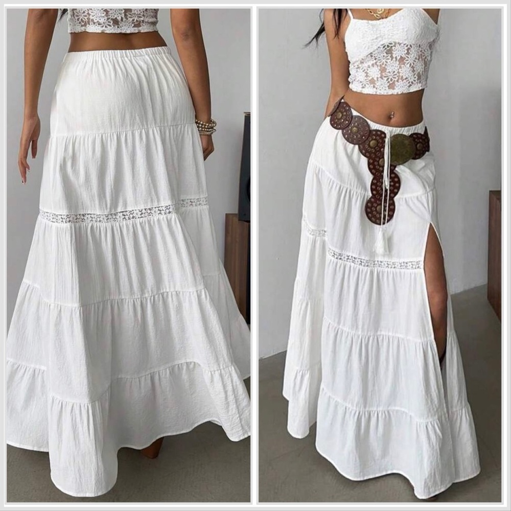 Boho White Tiered Maxi Skirt - Brand